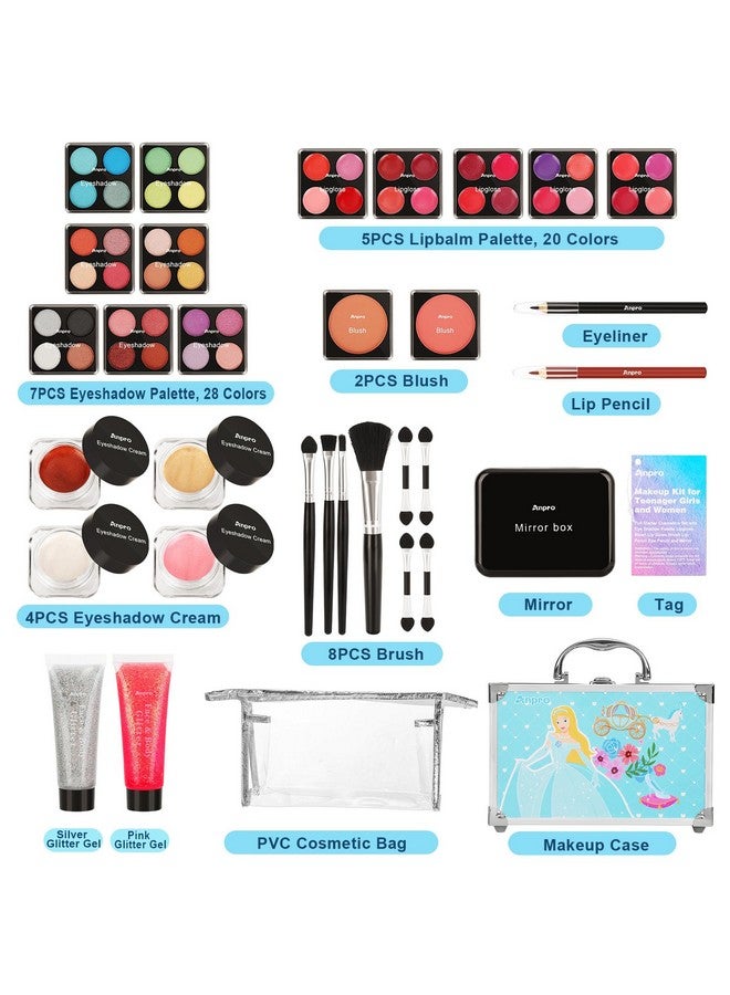 Anpro All-In-One Makeup Carry Case with Pro Teen Makeup Set, Full Starter Cosmetics Kit with Makeup Brushes, Lipsticks, Eye Shadows Palette, Blushes, Glitter Gel-Blue Leopard - Image 2