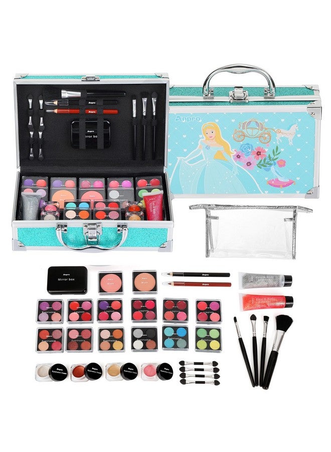 Anpro All-In-One Makeup Carry Case with Pro Teen Makeup Set, Full Starter Cosmetics Kit with Makeup Brushes, Lipsticks, Eye Shadows Palette, Blushes, Glitter Gel-Blue Leopard - Image 1