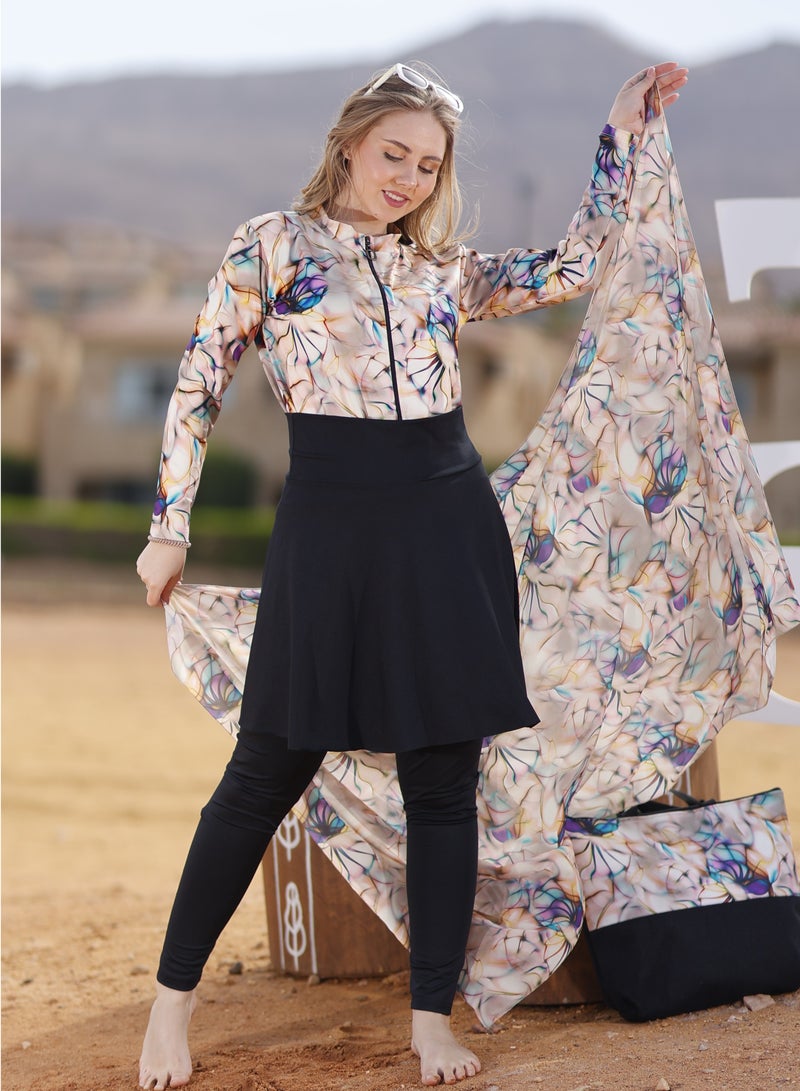 DAMAS COLLECTION 5-Piece Modest Burkini Set for Women – Full Coverage Water-Repellent Swimwear – Includes Skirt, Swim Cap, Hip Wrap and Tote Bag – Sun Protection Swimwear  - Image 1