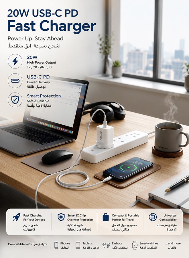 فيليبس شاحن USB-C سريع 20 واط DLP2629CW/05، محول Power Delivery (PD) لأجهزة آيفون 16/15/14/13/12، سامسونج جالاكسي S25/S24/S23، شاحن سفر، أبيض white - Image 2