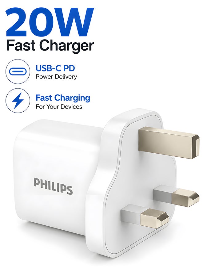 فيليبس شاحن USB-C سريع 20 واط DLP2629CW/05، محول Power Delivery (PD) لأجهزة آيفون 16/15/14/13/12، سامسونج جالاكسي S25/S24/S23، شاحن سفر، أبيض white - Image 1