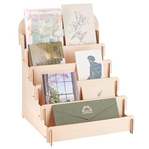 PH PandaHall 5 Tier Greeting Card Display Stand Wooden Greeting Card Holder Portable Cardboard Sticker Display Stand Retail Display Stand for Cards Stickers Photos Vendor Retail Counter Trade Show - Image 1