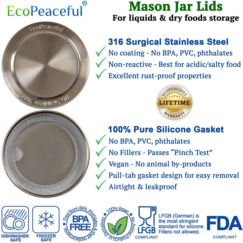 EcoPeaceful 316 Surgical Stainless Steel Mason Jar Lids WIDE Mouth -ORIGINAL DESIGN- Stackable w/Pull-Tab Silicone Seal. Rust-proof, Airtight, Leak-Proof, BPA-Free, PVC-Free, Vegan - Not for Canning - Image 2