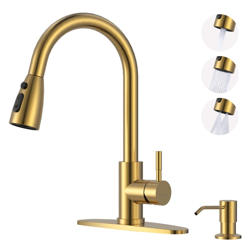 Brushed Gold Kitchen Faucet with Soap Dispenser WOWOW Stainless Steel Kitchen Faucet for Sink Single Handle Luxurious Gold Kitchen Sink Faucet with Sprayer