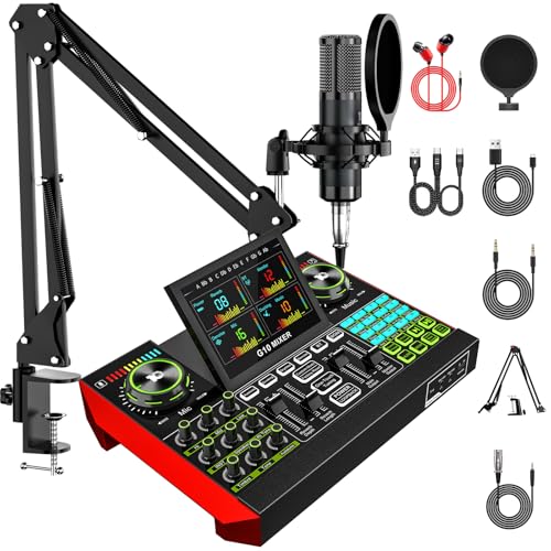 neculogy Podcast Equipment Bundle with 3.5mm P15 Condenser Microphone for Pc/Phone Live Streaming Singing Gaming, Podcast Microphone Bundle with Live Sound Board Audio Mixer,Voice Changer, Denoise,DJ Sets - Image 1