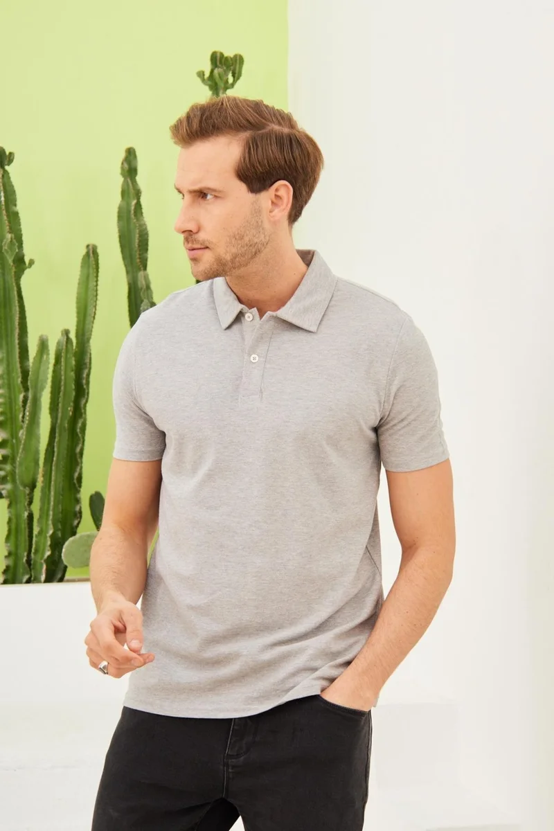 اوديلون Men's Basic Polo Neck T-Shirt (Regular Fit) Gray