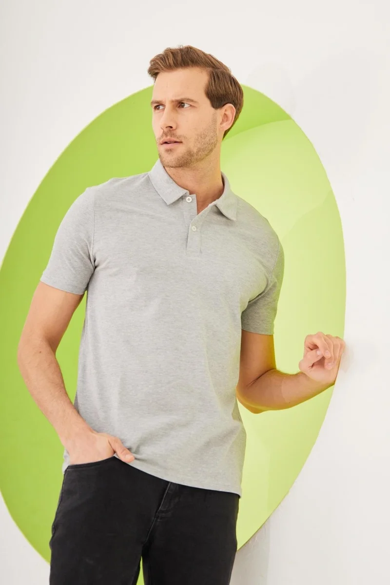 اوديلون Men's Basic Polo Neck T-Shirt (Regular Fit) Gray