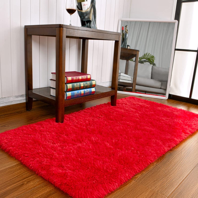 Keeko Small Fluffy Rug for Bedroom  2x4 Bedside Runner Rug Non Slip Throw Rugs for Living Room Entryway Shag Fuzzy Faux Fur Washable Area Rug Indoor Carpet for Kids Girls Nursery Room Decor Red - Image 1