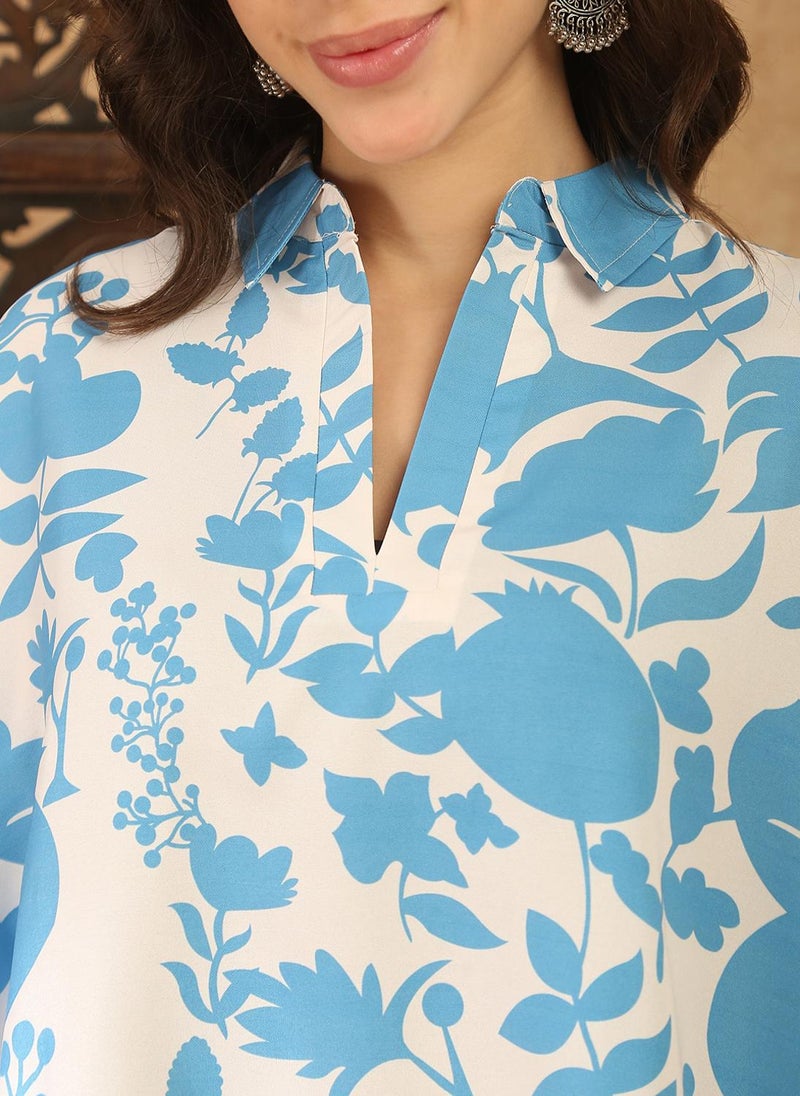 Globus Women Blue Shirt Collar Kimono Sleeves Floral Print Tunic With Pants Fusion Co-Ord Set - Image 5