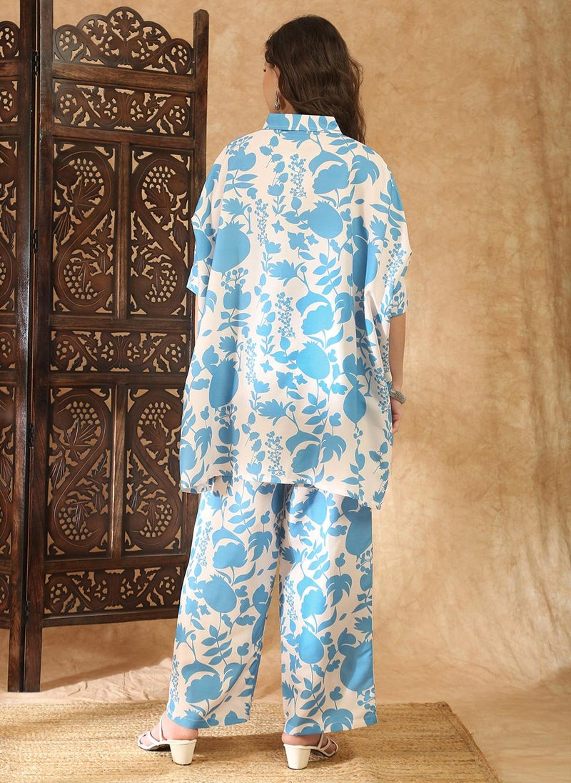 Globus Women Blue Shirt Collar Kimono Sleeves Floral Print Tunic With Pants Fusion Co-Ord Set - Image 4
