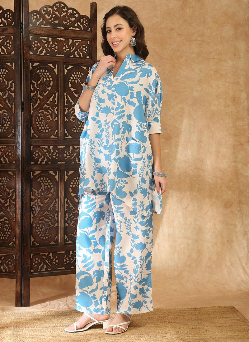 Globus Women Blue Shirt Collar Kimono Sleeves Floral Print Tunic With Pants Fusion Co-Ord Set - Image 3