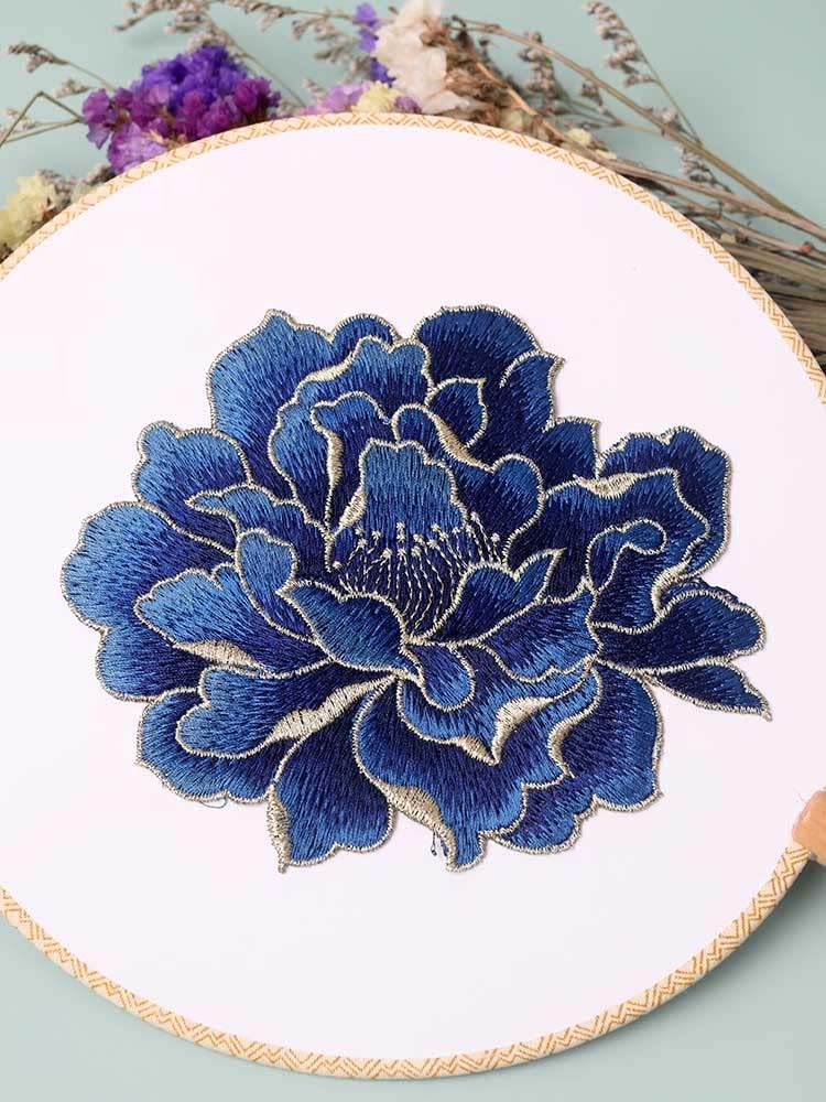 Sourcemall Sew on Peony Floral Patches, Embroidered Flower Appliques for DIY Clothing, Jackets, Jeans, Backpacks, Hats, Arts Craft Sew Making (Dark Blue Peony) - Image 2
