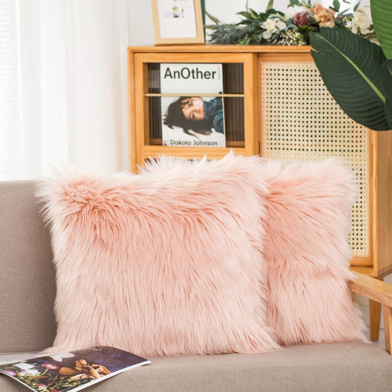 HYSEAS Set of 2 Decorative Faux Fur Throw Pillow Covers Pale Pink Fluffy Soft Fuzzy Square Cushion Cover Pillow Case for Sofa Couch Chair Bed Cafe 18 x 18 Inches
