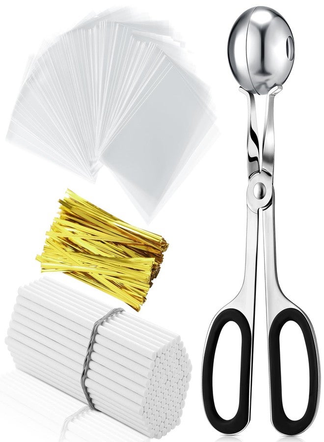 Yinkin Cake Pop Mold Sticks and Wrappers Cake Pop Kit Set Include 100 Parcel Bags 100 Papery Treat Sticks Metallic Twist Ties Scooper Ball Maker Lollipop Tools for Candy Chocolates and Cookies(Black) - Image 1