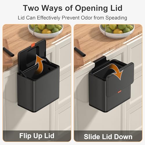 Mbillion Kitchen Compost Bin Hanging Trash Can with Lid 1.05 Gallon Stainless Steel Garbage Can for Kitchen Cabinet Door Mounted Trash Can Under Sink Door RV Bathroom,Brushed Black - Image 4