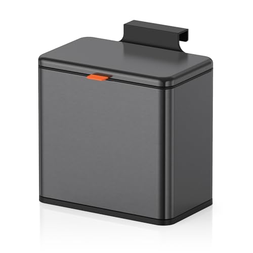 Mbillion Kitchen Compost Bin Hanging Trash Can with Lid 1.05 Gallon Stainless Steel Garbage Can for Kitchen Cabinet Door Mounted Trash Can Under Sink Door RV Bathroom,Brushed Black - Image 1