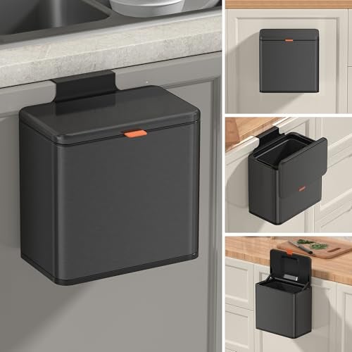 Mbillion Kitchen Compost Bin Hanging Trash Can with Lid 1.05 Gallon Stainless Steel Garbage Can for Kitchen Cabinet Door Mounted Trash Can Under Sink Door RV Bathroom,Brushed Black - Image 2