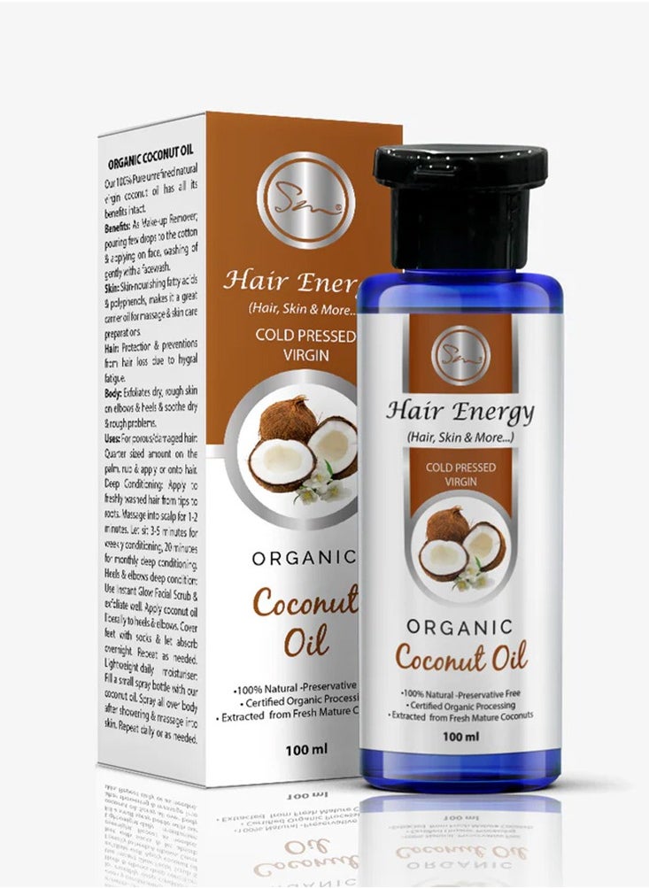 هير إنيرجي زيت جوز الهند العضوي البكر المعصور على البارد من Hair Energy | طبيعي 100% وخالٍ من المواد الحافظة | معالجة عضوية معتمدة | مستخرج من جوز الهند الطازج الناضج | غير مكرر ونقي | 100 مل  - Image 1