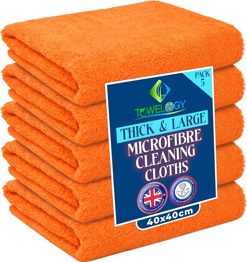 Towelogy Heavy Duty Microfibre Cleaning Cloths - Pack of 5, 40x40cm, Lint Free, Ultra Absorbent, Orange - Image 1