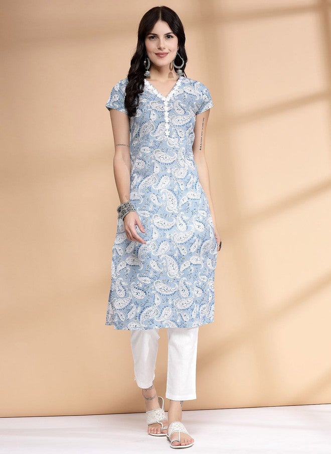 LARGISH Paisley Printed Round Neck Gotta Patti Cotton Straight Kurta - Image 1