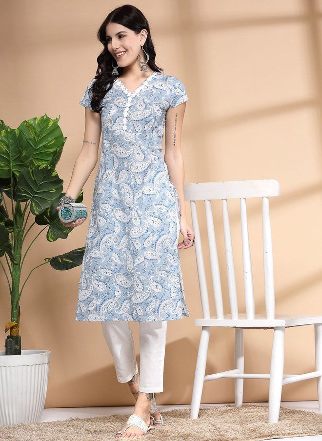 LARGISH Paisley Printed Round Neck Gotta Patti Cotton Straight Kurta - Image 5