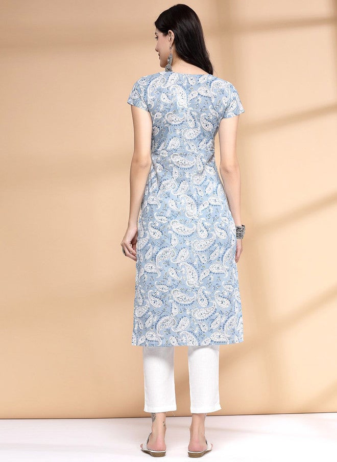 LARGISH Paisley Printed Round Neck Gotta Patti Cotton Straight Kurta - Image 4