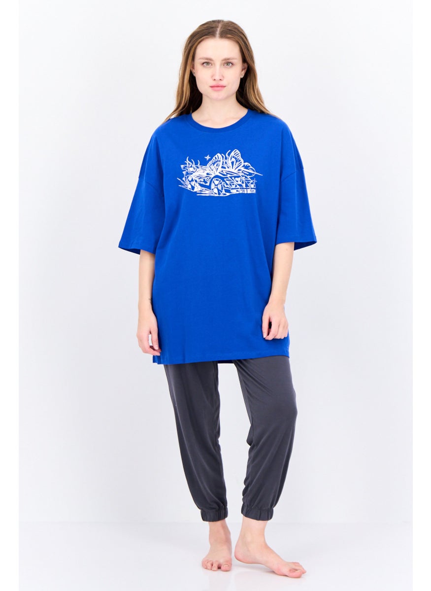 Bershka Women Crew Neck Short Sleeve Graphic Print T-Shirt, Blue  - Image 4