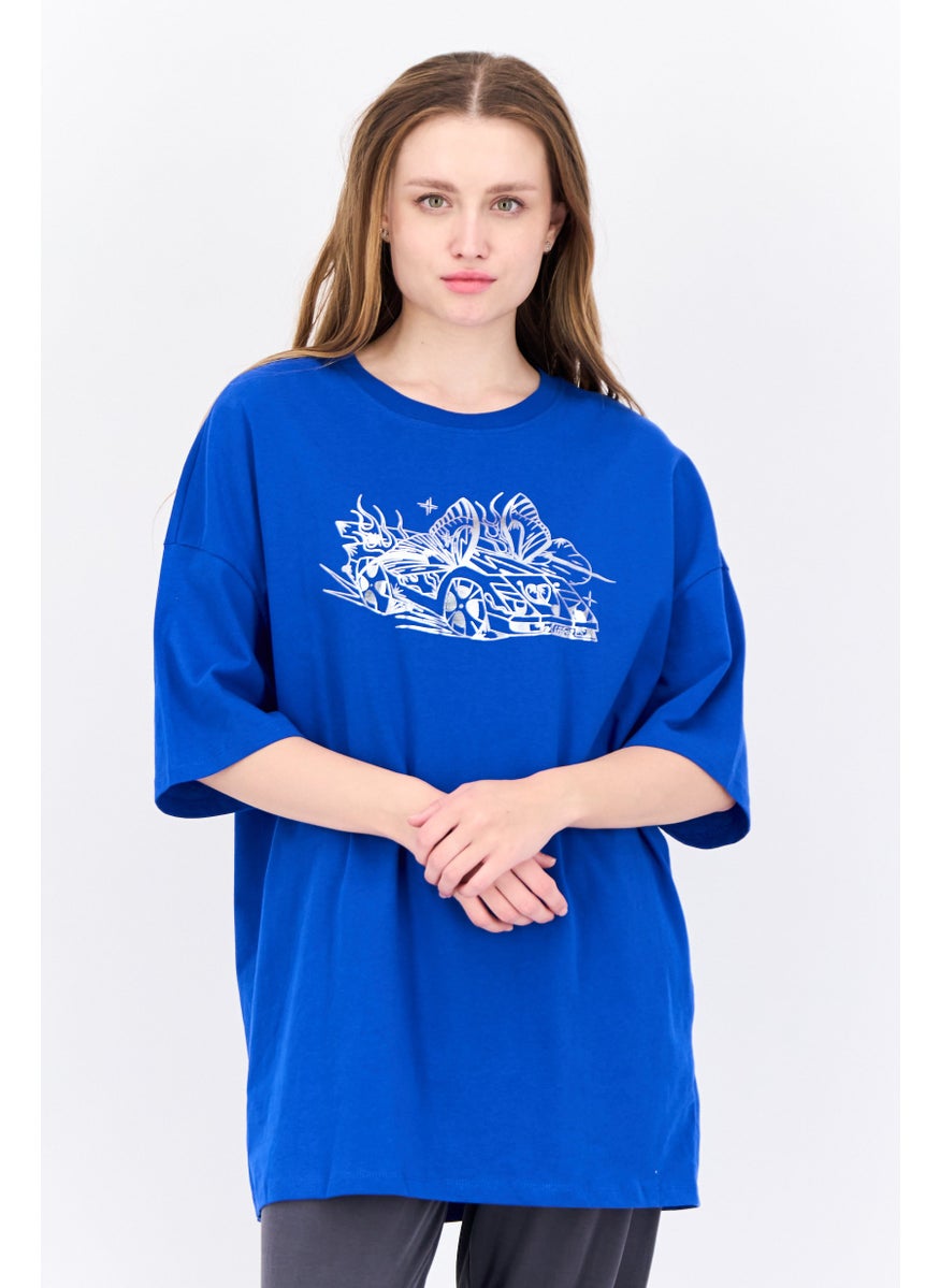 Bershka Women Crew Neck Short Sleeve Graphic Print T-Shirt, Blue  - Image 1