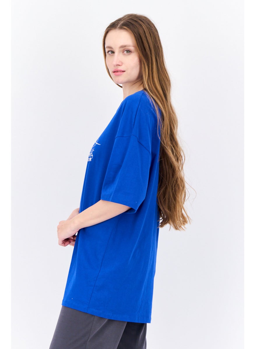 Bershka Women Crew Neck Short Sleeve Graphic Print T-Shirt, Blue  - Image 2