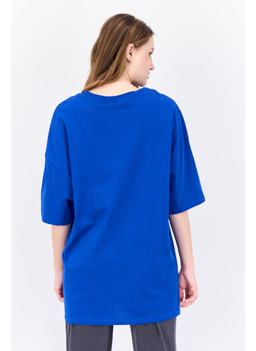 Bershka Women Crew Neck Short Sleeve Graphic Print T-Shirt, Blue  - Image 3