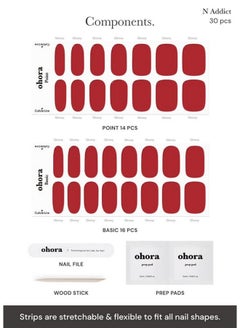 ohora ohora Semi Cured Gel Nail Strips (N Addict) - Red, Solid, Works with Any UV/LED Nail Lamps, Salon-Quality, Long Lasting, Easy to Apply & Remove - Includes 2 Prep Pads, Nail File & Wooden Stick  - Image 4