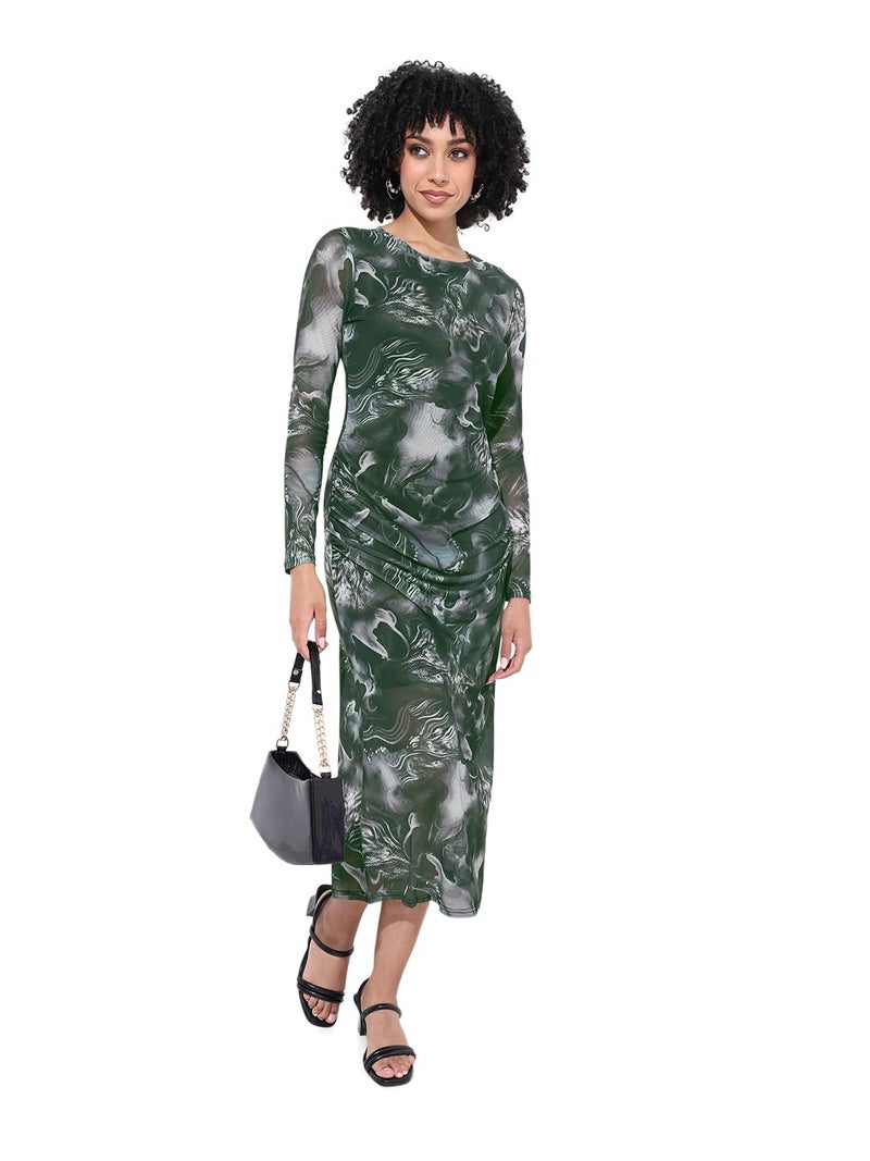 Freehand Women Marble Fitted Long Length Gathered Dress (Charcoal Black_S) - Image 1