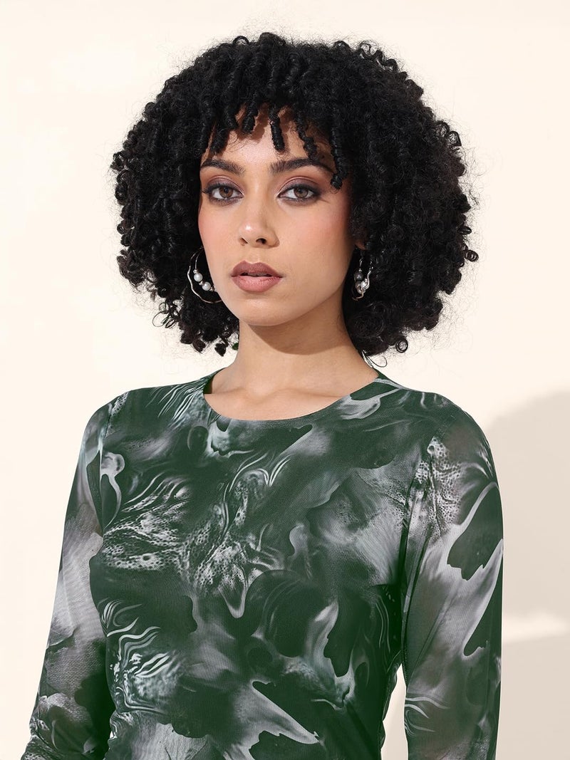 Freehand Women Marble Fitted Long Length Gathered Dress (Charcoal Black_S) - Image 4