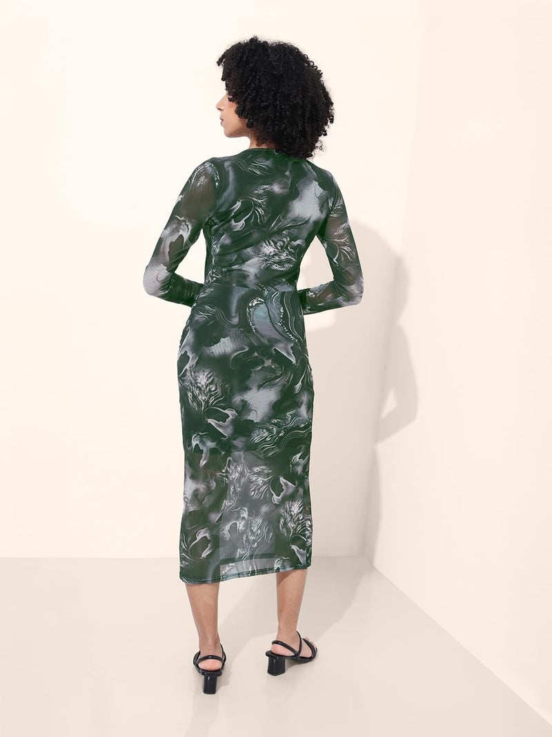 Freehand Women Marble Fitted Long Length Gathered Dress (Charcoal Black_S) - Image 5