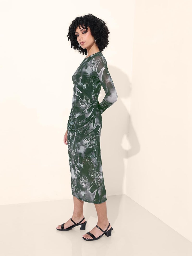 Freehand Women Marble Fitted Long Length Gathered Dress (Charcoal Black_S) - Image 3