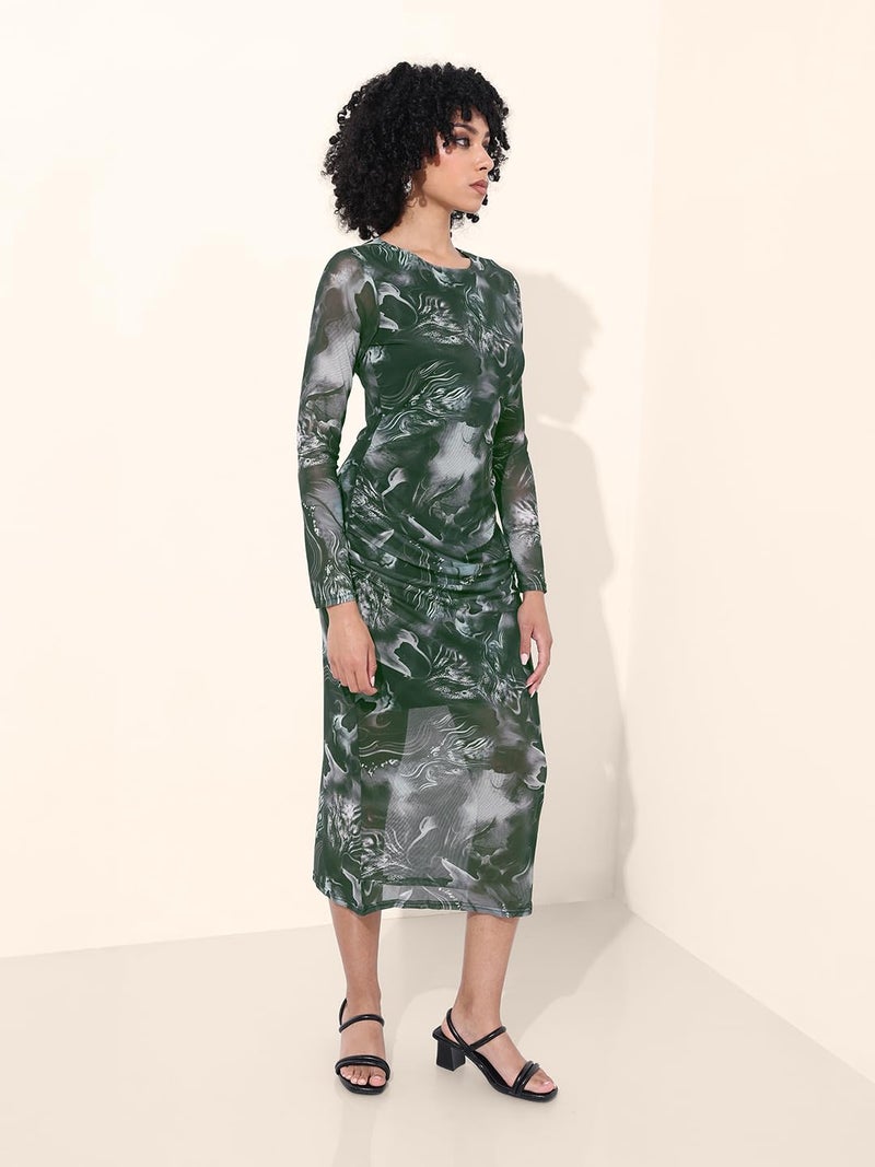 Freehand Women Marble Fitted Long Length Gathered Dress (Charcoal Black_S) - Image 2