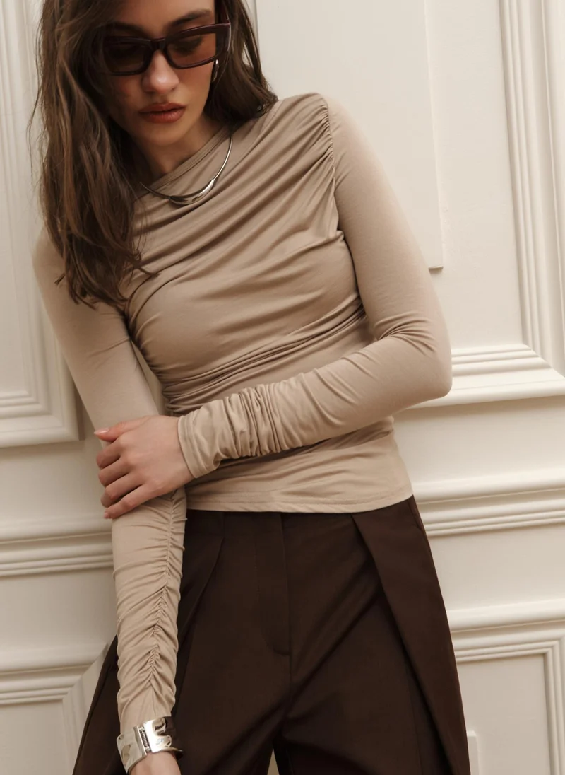 Lichi Monochrome stretch jersey longsleeves with gathers