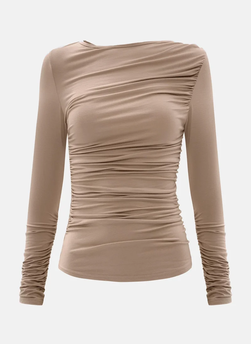 ليتشي قميص جيرسي مطاطي أحادي اللون بأكمام طويلة مع تكتلات