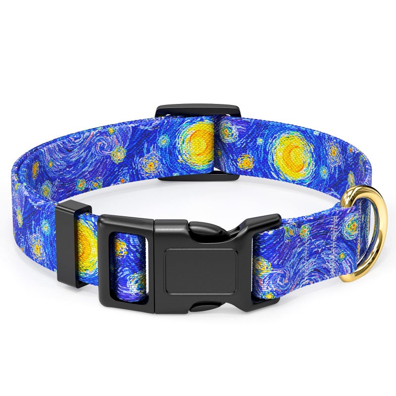 Rnivvi Dog Collar for Medium Dogs, Cute Heavy Duty Adjustable Puppy Collar with Quick Release Buckle for Girl & Female, Pet Accessories for Walking Running, M Length 1" Width, Van Gogh Starry Night - Image 1