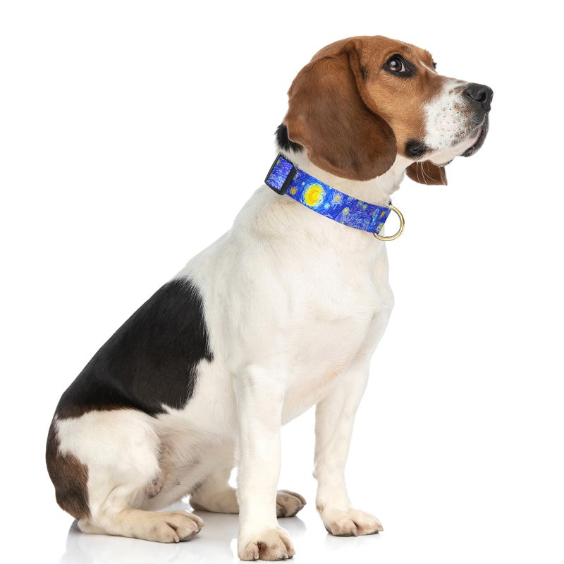 Rnivvi Dog Collar for Medium Dogs, Cute Heavy Duty Adjustable Puppy Collar with Quick Release Buckle for Girl & Female, Pet Accessories for Walking Running, M Length 1" Width, Van Gogh Starry Night - Image 2