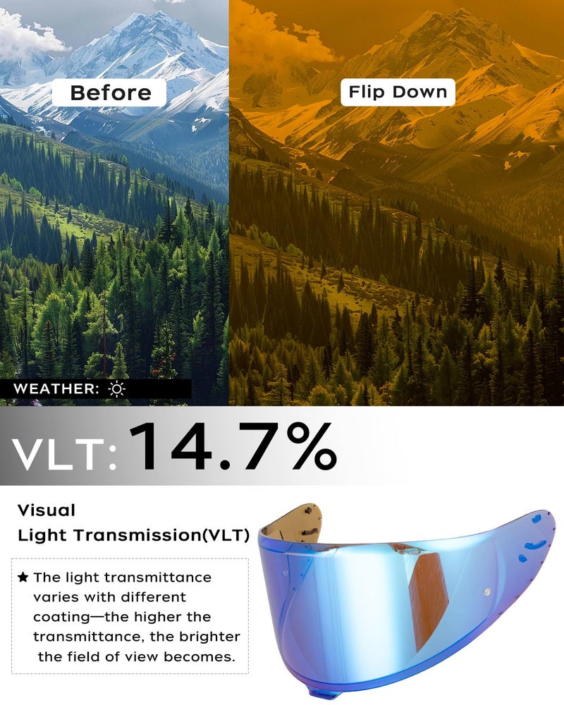 Soman RF-1400 RF 1400 Visors Shield Replacement, CWR-F2 Visor Face Shield Compatible With RF-1400 CWR-F2 Z8 NXR2 UV Protection (Smoke Revo Blue) - Image 3