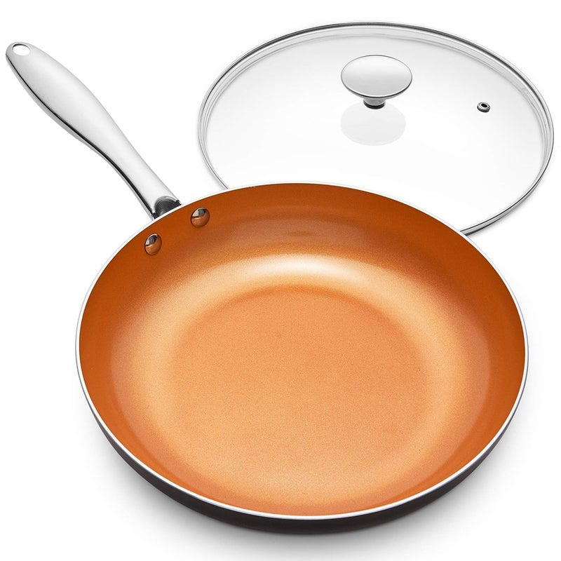 MICHELANGELO 10 Inch Copper Nonstick Frying Pan with Lid, Scratch Resistant Ceramic Coating, Oven and Dishwasher Safe - Image 1