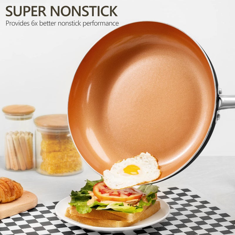 MICHELANGELO 10 Inch Copper Nonstick Frying Pan with Lid, Scratch Resistant Ceramic Coating, Oven and Dishwasher Safe - Image 2