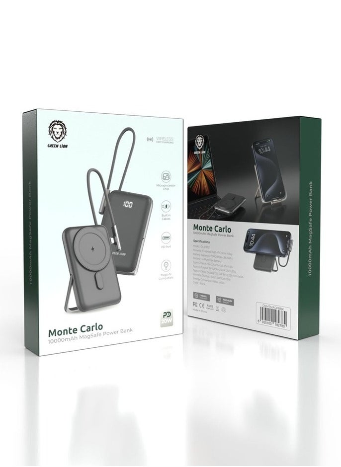 GREEN LION Green Lion Monte Carlo 10000mAh MagSafe Power Bank, Fireproof ABS+PC+Zinc Alloy, Microprocessor Chip, Built in Type-C Cable, Li-Polymer Battery PD 20W, For iPhone 16/15/14/13/12 - Black  - Image 2