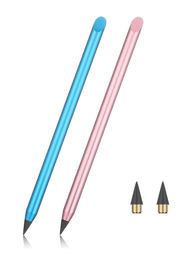 Generic 2-Piece Metal Inkless Pencil, Infinity pencil, Reusable Everlasting Pencil, Replaceable Nib Pencil with 2 Replaceable Nib for Writing Drawing Students Home Office School Supplies, Blue & Pink  - Image 1