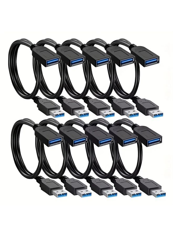 كابل تمديد USB 2.0 10 قطع، 2 قدم، ذكر إلى أنثى، مسطح أسود، 22AWG - Image 1