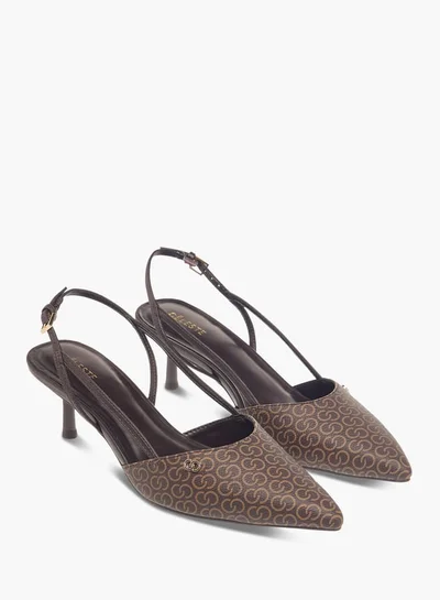 Celeste Women's Monogram Print Slingback Shoes with Buckle Closure and Kitten Heels