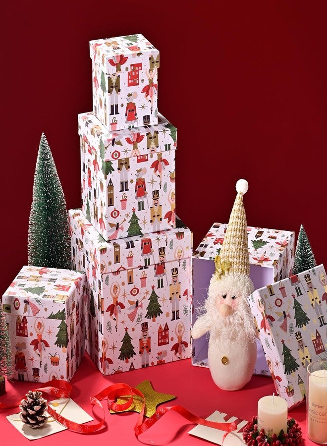 PAPER FAIR 5PCS Christmas Nesting Gift Boxes with Lid, Xmas Nested Box Set, 5 Sizes, Square Stackable, White Ballerina Nutcracker Paper Box Tower Décor, for Holiday Thanksgiving New Year Packaging - Image 2
