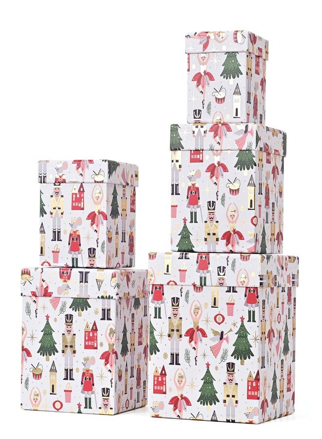 PAPER FAIR 5PCS Christmas Nesting Gift Boxes with Lid, Xmas Nested Box Set, 5 Sizes, Square Stackable, White Ballerina Nutcracker Paper Box Tower Décor, for Holiday Thanksgiving New Year Packaging - Image 1