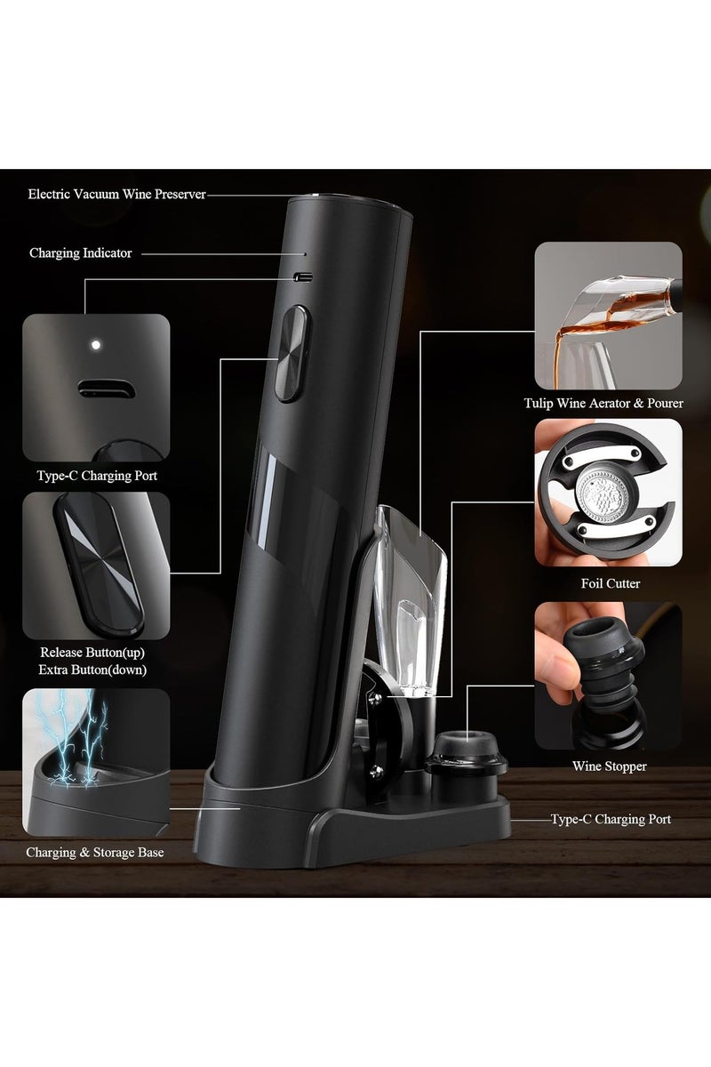 إيسي فتاحة زجاجات نبيذ كهربائية 7 في 1 قابلة لإعادة الشحن مع قاعدة شحن، فتاحة زجاجات أوتوماتيكية بدون أسلاك مع قاطع رقائق، أداة سكب، سدادات تفريغ وحفظ، وتصميم سهل التخزين - Image 2